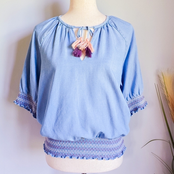 Matilda Jane Enchanted Garden Maysville Smocked Tassel Chambray Top SZ Small - Picture 3 of 13